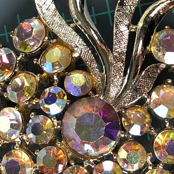 Vtg 50s Arthur Pepper Brooch Aurora Borealis Rhinestone Gold Tone Floral Spray - Picture 8 of 9